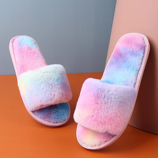 

slipper kids home slippers girls slides flop flip winter fur soft for children shoes plush fashion outdoor parent-child, Black;grey