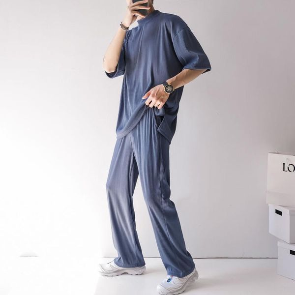 

men's pants pleated fashion blue black beige casual men streetwear korean loose straight wide leg mens trousers