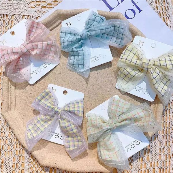 

2021 new kids hair accessories children's cute yarn lattice fabric bow duckbill clip korean fashion sweet girl princess hairpins, Slivery;white