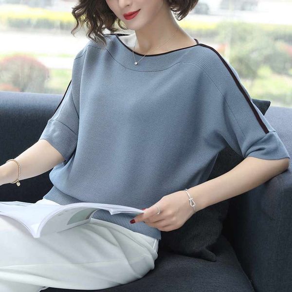 

splicing striped batwing half sleeve women thin pullovers loose purple knitted tshirt femme slash neck elastic elegant, White;black