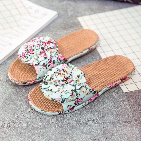 

slippers women flower flax summer casual slides beach shoes ladies indoor linen bohemia floral bow flip flops, Black