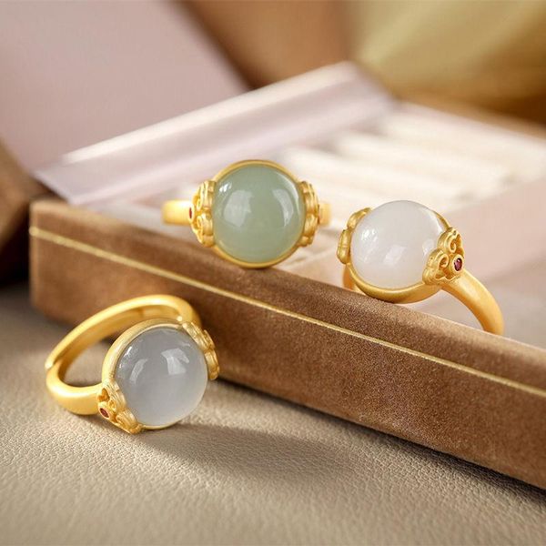 

cluster rings original design natural an white jade pulp chinese retro court style small crowd unique charm women brand jewelry, Golden;silver