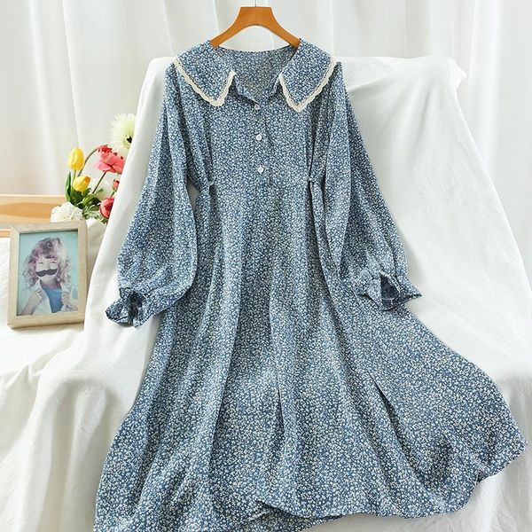 

casual dresses lady style sweet korean fan doll collar chiffon dress female early autumn loose waist all-match print mid-length fashion, Black;gray