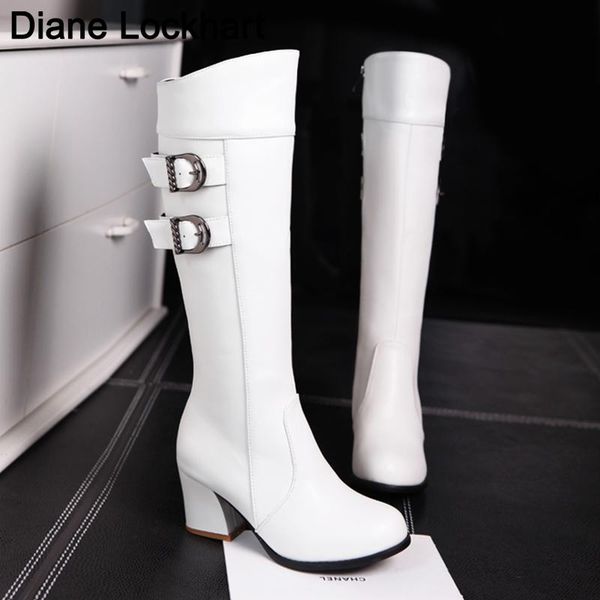 

boots women belt buckle square heels round toe knee-high woman shoes winter botas white red chaussure femmes bottes 36 37, Black