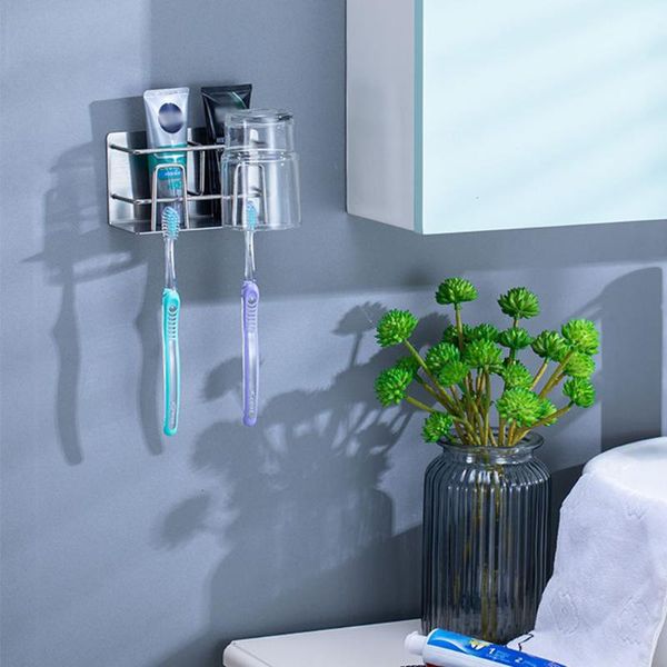 

toothbrush holders storage rack stainless steel hanger toothpaste cup wall-mounted bathroom self adhesive accessories holder