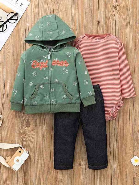 

baby letter embroidery zip up hoodie & striped bodysuit & pants she, Blue