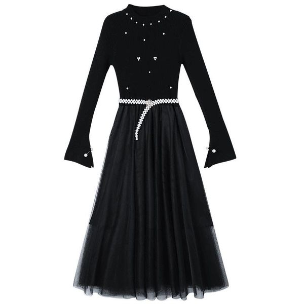 

spring fall office lady mesh stitching dress women knitted sweater woman long sleeve mid-calf elegant dresses maternity, White