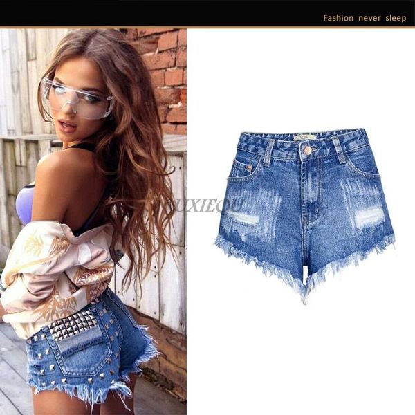 

women's jeans 2021 denim shorts ripped loose rivet pants, Blue