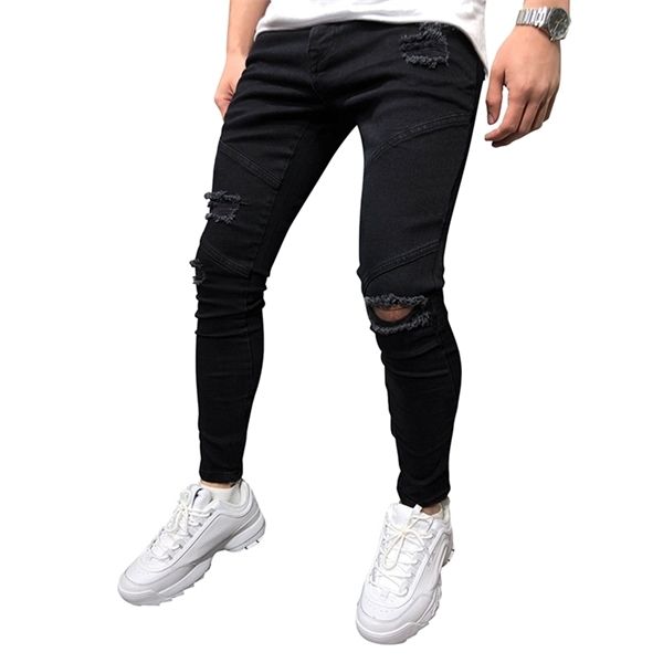 

jeans men 2021 new men's black door-front button zipper ripped slimming hip hop denim jeans for men x0621, Blue
