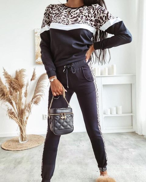 

women's two piece pants autumn 2021 striped stitching round neck suit women, White