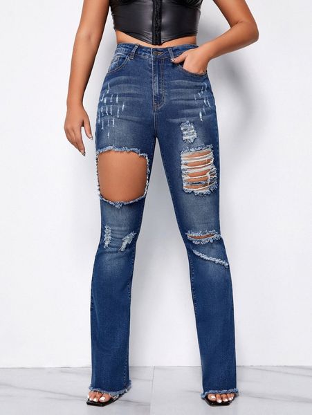 

sxy high waist ripped raw hem jeans m1ws#, Blue