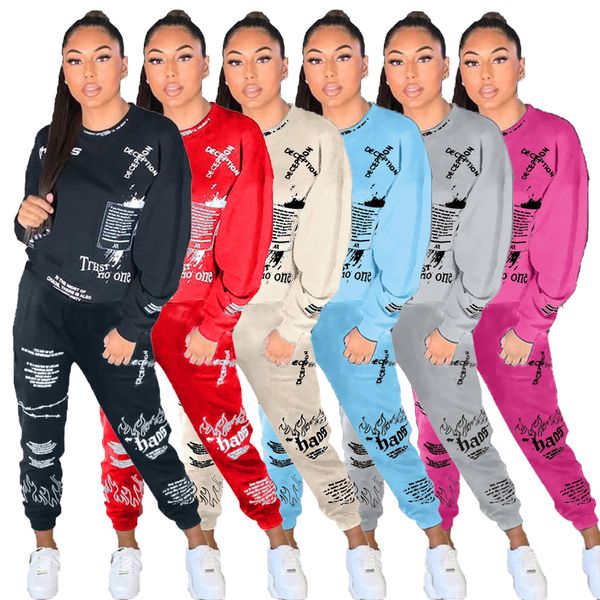 Inverno Casual Monocromático Graffiti Imprimir Tracksuits Manga Longa Two-Piece Set