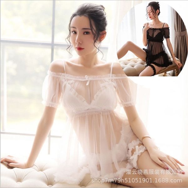 

nightdress underwear mesh three point women's transparent temptation bra pajamas suit, Black;white
