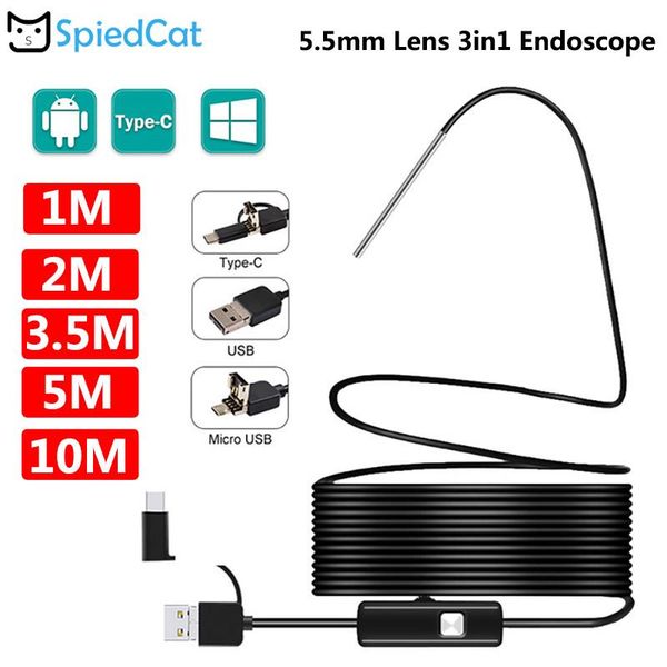 

in1 mini 5.5mm lens 1/2/3.5/5/10m soft cable snake tube borescope inspection for android type-c pc smartphone ip cameras