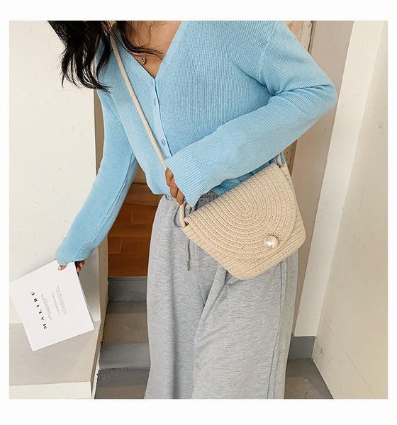 

ins straw bucket bag beach vacation shoulder bags summer elegant pearl messenger holiday small fresh woven handbag cross body