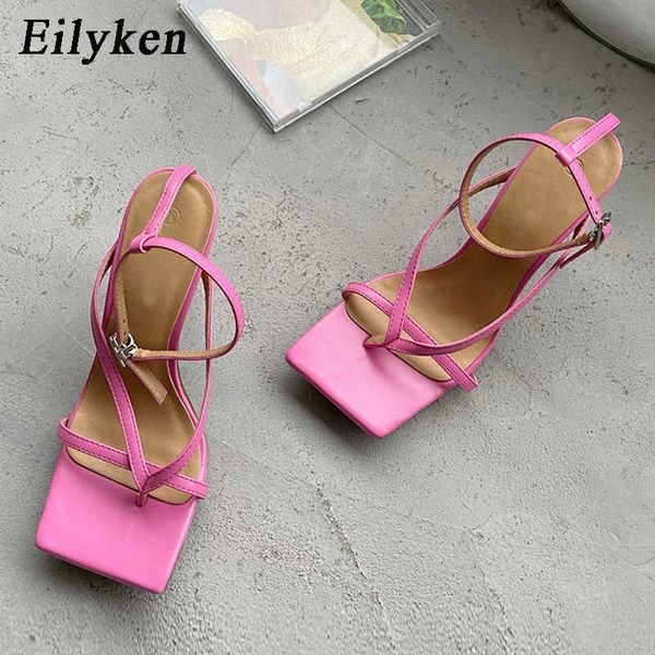 

eilyken 2021 summer new ankle buckle strap sandals fashion square toe narrow band gladiator women thin high heels party shoes y0721, Black