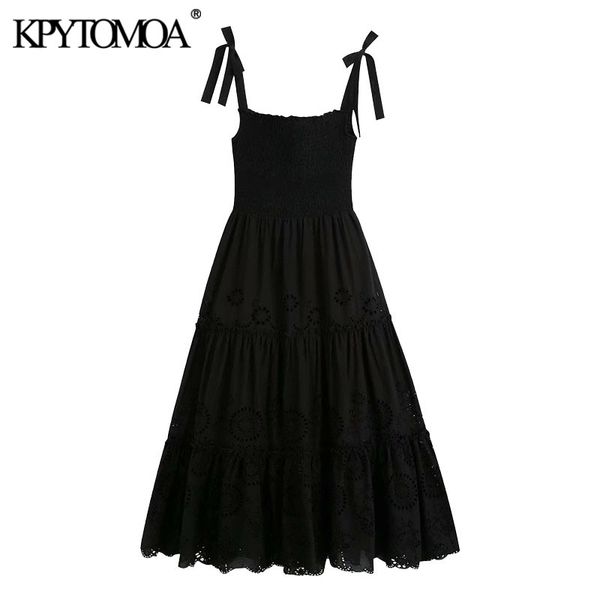 

kpytomoa women chic fashion hollow out embroidery ruffled midi dress vintage smocked detail tied wide straps female dresses 210325, Black;gray