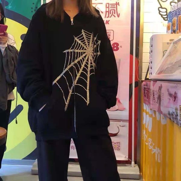 

women hoodie rhinestone hip hop zipper sweatshirt 2021couple gothic spider web y2k trend oversized harajuku street, Black