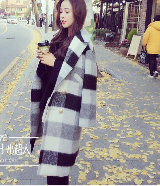 

korean version of the mid-length autumn . winter large lapel woolen-coat black and white plaid student thick woolen coat, Tan;black