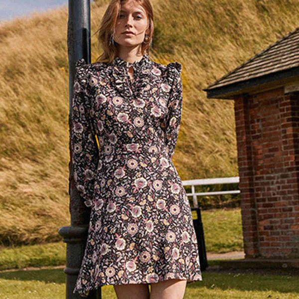 

dresses floral print women autumn button soft long sleeve v neck ruffle vintage a line mini dress casual elegant femme robe 6z7z, Black;gray