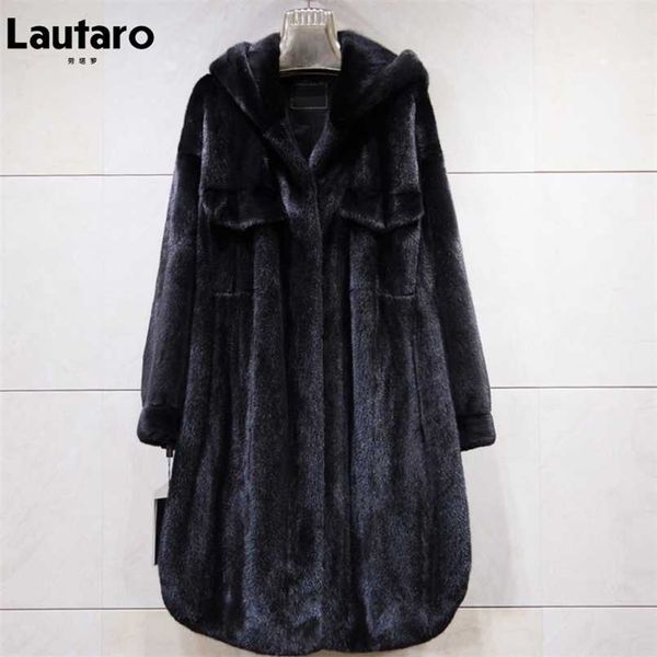 

lautaro winter long black thick warm faux mink fur coat women with hood long sleeve korean fashion fluffy jacket  211019