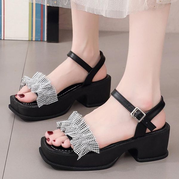 

lucyever crystal platform summer sandals women fashion strap outdoor beach sandalias mujer square heel thick bottom casual shoes dress, Black