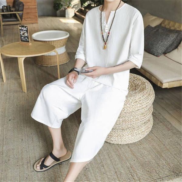 

ethnic clothing 2021 traditional chinese style short sleeve t-shirt+pant set summer men linen tang suit oriental costumes, Red