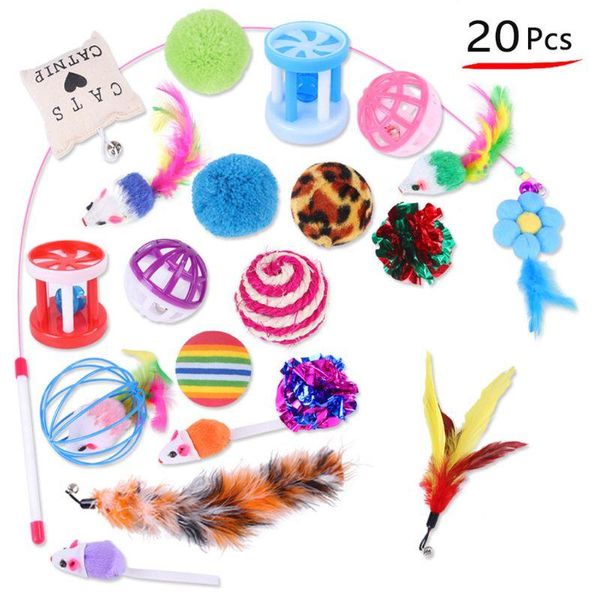 

cat toys 20pcs feather interactive kitten teaser wand sisal balls fluffy mice