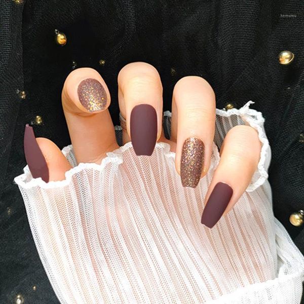 

24pcs fake nails with glue sticker deep coffee coffin sugar false nail removable patch tips full cover acrylic1, Red;gold