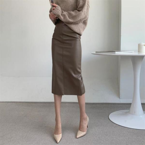 

autumn winter high waist slim split pu leather skirt all-match casual simple women a-line long 210527, Black