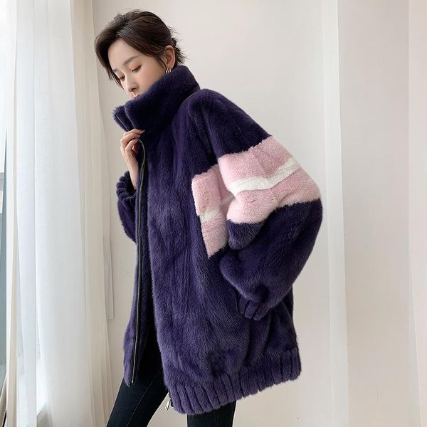 

women's fur & faux luxury mink fashion coat hooded contrast jacket warm women coats elegant female jackets mulheres casacos zjt, Black