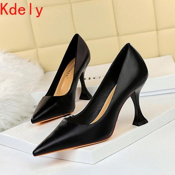 

2021 pointed toe women khaki pumps 7-9cm high heels concise office lady spring autumn soft leather party wedding female shoes, Black
