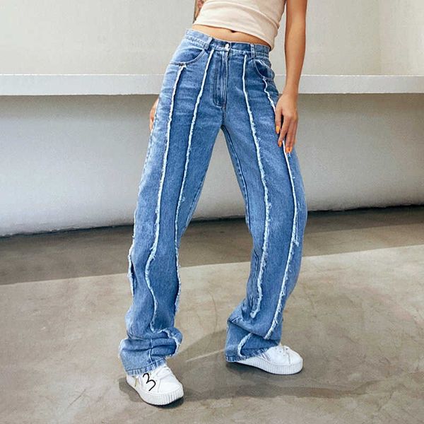 

fashion jeans personalized tooling style 2021 summer splicing high waist temperament wash solid color long women, Blue