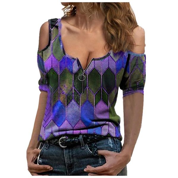 

women's t-shirt t-shirts vintage plaid print v-neck zipper fashion casual short sleeve off shoulder shirts plus size woman, White