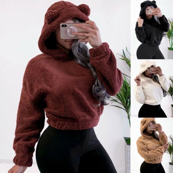 

women's hoodies & sweatshirts women sweatshirt fleece fur coat 2021 winter warm bear ears soft jacket thick hooded outwears, Black