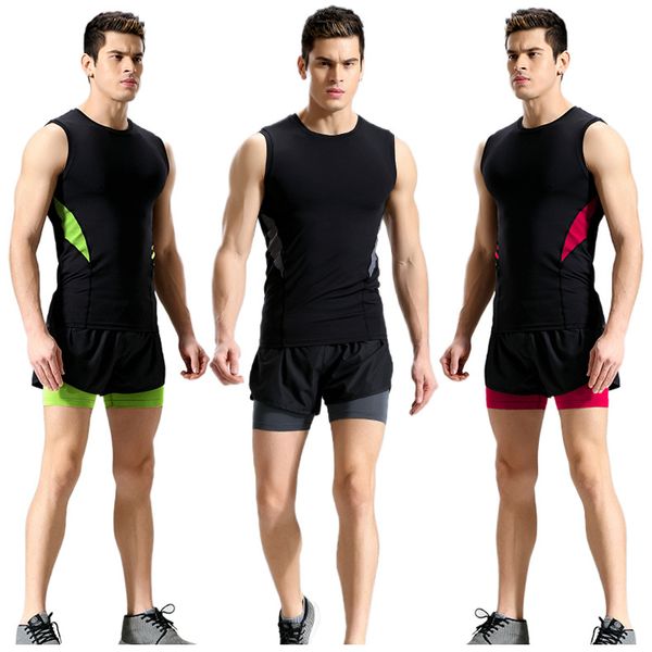 

men sports shorts suit men's fashion elastic tight-fitting quick-drying vest double-layer running shorts fitness clothes summer 2021, Gray