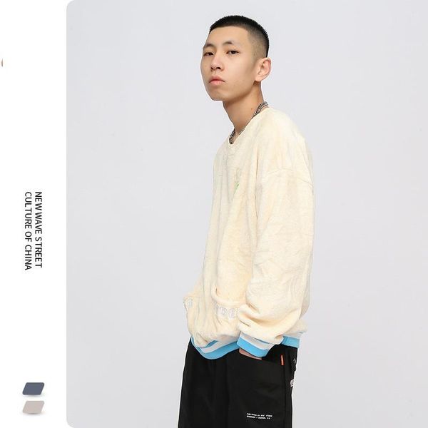 

men's sweaters autumn and winter fashion pocket pure cotton hoodie plus velvet double-sided plush round neck pullover sweater loose-fit, White;black