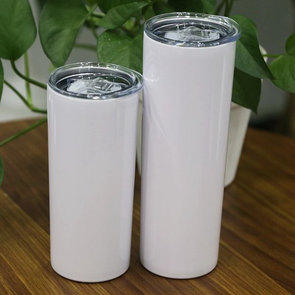 

20oz 30oz sublimation straight skinny tumblers blank glossy tumbler with straw lid stainless steel white water bottle vacuum insulated cups