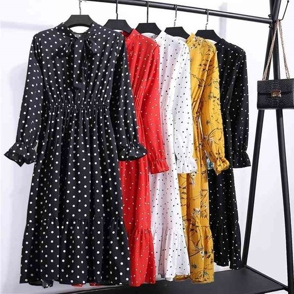 Frauen Herbst Casual Kleider Black Dot Vintage Floral Bedrucktes Chiffon Hemd Kleid Langarm Bogen Midi Vestidos Plus Größe 210325