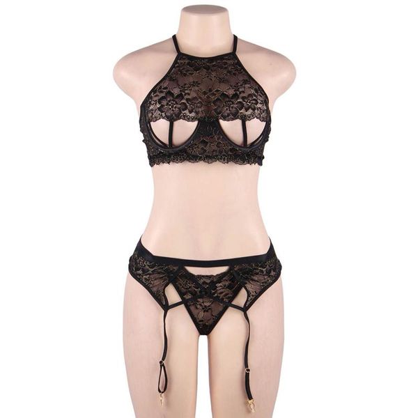 

bras sets gold wire lace open bra lingerie set stitching cross straps plus size erotic for women, Red;black