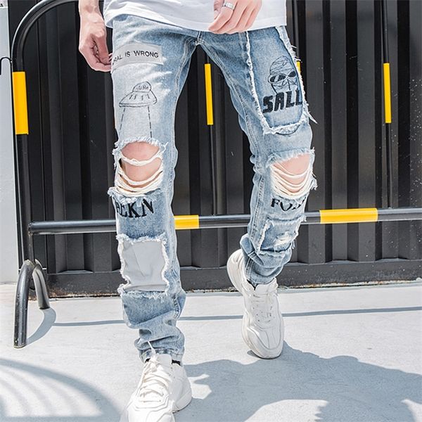 

lacible reflective men hip hop jeans skinny ripped vintage biker jogger distressed hole baggy denim slim fit casual pants 210318, Blue