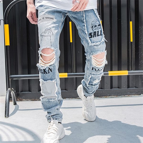 LACIBLE Reflektierende Männer Hip Hop Jeans Skinny Ripped Vintage Biker Jogger Distressed Hole Baggy Denim Slim Fit Casual Hosen 210318