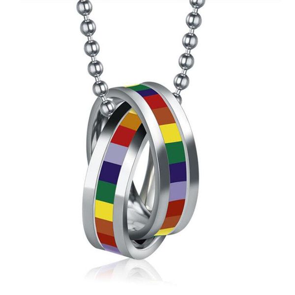 

pendant necklaces enamel rainbow double circle round necklace female men's stainless steel punk chokers neck accessories jewelry ppn-00, Silver