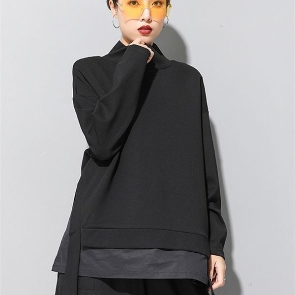 

[eam] loose fit asymmetrical oversized sweatshirt new high collar long sleeve women big size fashion spring autumn 19a-a124 220311, Black