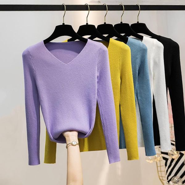 

women's sweaters autumn and winter v-neck knitted long-sleeved sweater slim tight bottoming shirt fashion retro pullover thin women, White;black