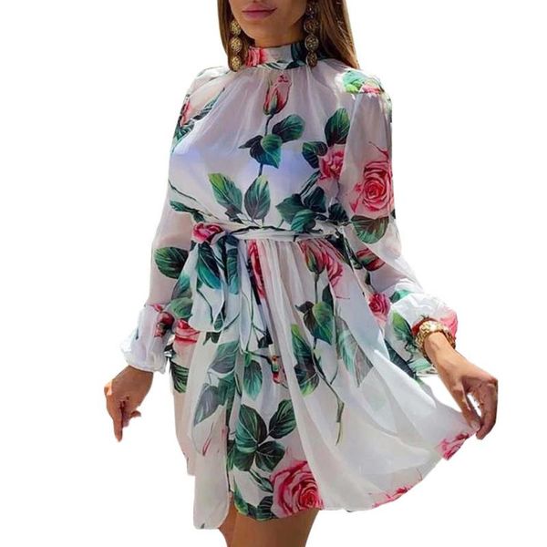 

elegant dreeses women turtleneck long sleeve sashes casual lady clothes above knee length floral printed gown female dresses, Black;gray