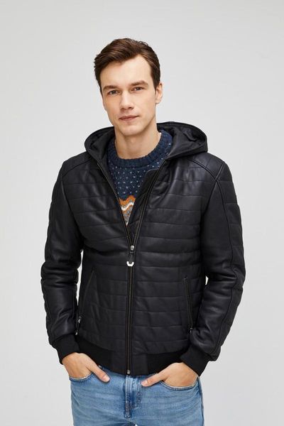

men's leather & faux black hooded genuine jacket