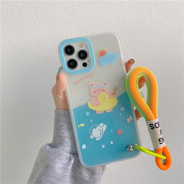

cell phone pouches cute swimming bear case fluorescent wristband for 12 pro max 11 xr xs 7 8 plus proof back cover