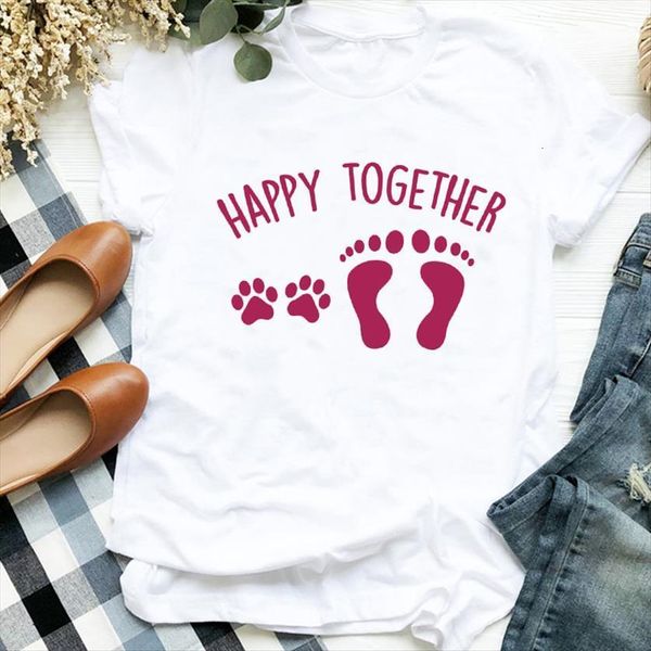 

cartoon footprint dog friends women animal print tee clothes graphic, White