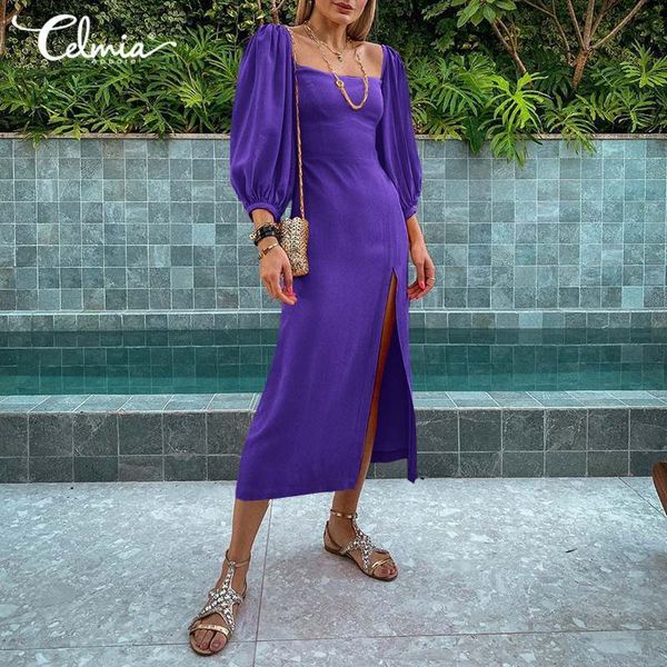 

dresses celmia women vintage romance pufff sleeve dresses elegant square collar midi dress 2021 slit solid vestidos party robe 5xl, Black;gray